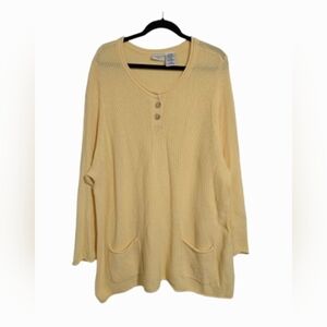 White Stag Women’s Yellow Waffle Knit Cotton Sweater Henley Pockets Size 22/24W